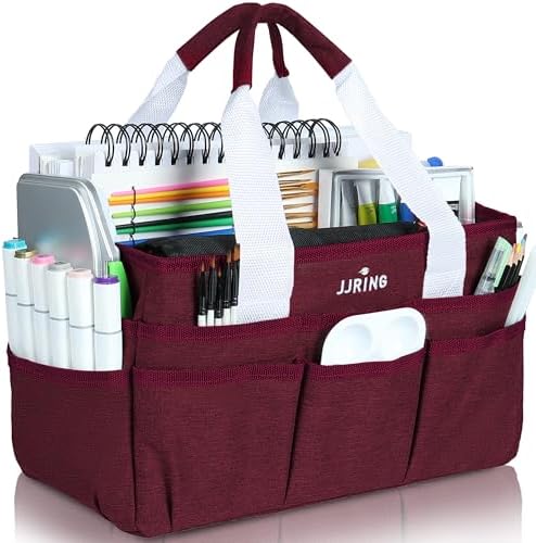 JJRING Craft Organizer Tote Bag Art Storage Caddy Dark Red | With Multiple Pockets For Sewing, Scrapbooking, School, Medical, And Office Supplies