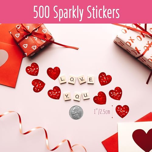 500 PCS Holographic Red Heart Stickers, Sparkly Metallic Heart Sticker Self Adhesive Waterproof Reflective Heart Stickers Love Decorative Labels for Wedding, Valentine’s Day Supplies (1”, Red)