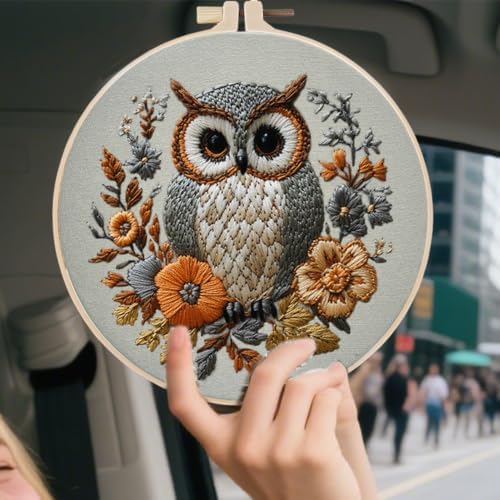 FONNUY Embroidery Kit for Beginners, Owl Flowers Pre-Stamped Pattern Kits for Adults with Hoop, Easy to Follow Color Thread Needlework, 8'' Hoop (Blue)