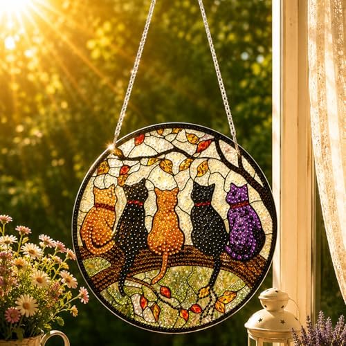 HMZephitiquc Cat Hanging Diamond Art Kits for Adults, Special Shaped Crystal Diamond Painting Suncatchers, 5D Gem Art for Adults, Sun Catchers DIY Craft Kits for Gift Home Decor