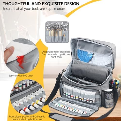 Acrylic Paint and Brush Set Organizer Bag - Carrying Case Compatible with Apple Barrel, Shuttle Art, Caliart Art Supplies - Includes Detachable Paint Brush Holder - for Home/Travel/Outdoor (Pro Gray)