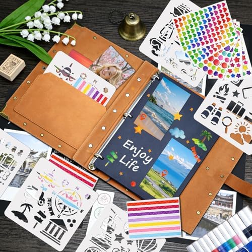 Leather Scrapbook Album 60 Pages Vintage Memory Book 8.5 x 11 Inch Travelling Journal Scrap Book Scrapbooking Supplies Kits DIY Paper Memory Photo Album for Anniversary Travel Vacation