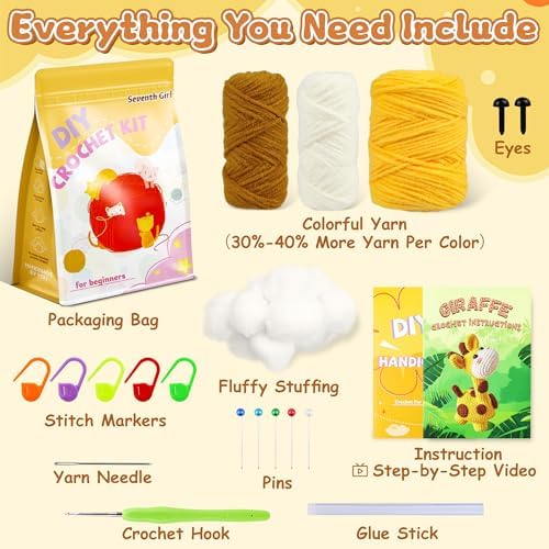 Beginner Crochet Kit for Making Adorable Giraffe - Complete DIY Craft Kit with Yarn, Hooks, and Video Tutorial - Ideal Arts and Crafts for Adults, Room Decor Gift