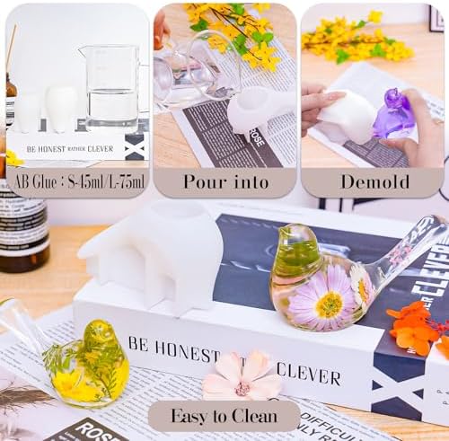 Larcenciel 2Pcs Bird Resin Molds Silicone, 3D Animal Silicone Molds for Epoxy Resin Casting, Pet Memorial Statue DIY Mold for Preserving Pet Feathers & Ashes, Flower Soap Crafts, Home Decoration Gifts