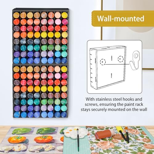 Krafetto 2 Pack 64-Grid Paint Organizer for 2 Oz Bottles, Wall Mount, Black