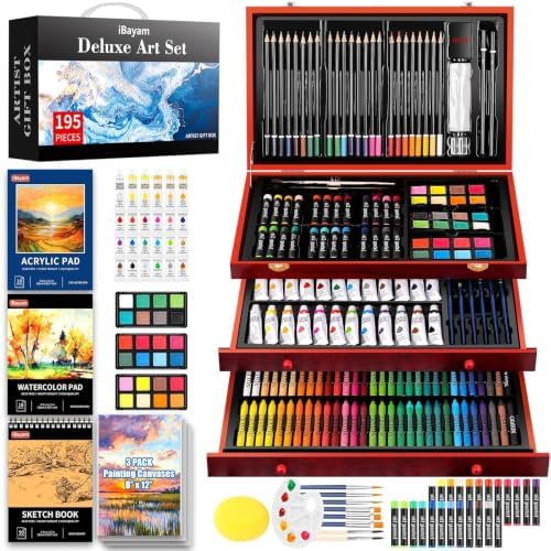 iBayam Art Supplies, 195-Pack Deluxe Drawing Painting Kit, 3 Sketchbook Set