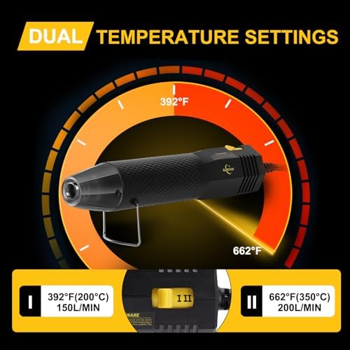 350W Heat Gun 2-Temp 392°F/662°F Hot Air Gun for Crafts & Shrink Tubing | 1.5s Fast Heat, Overheat Protection, UL Cord, 6.56ft Cable with Stand, 2 Nozzles for Resin, Epoxy & DIY Projects