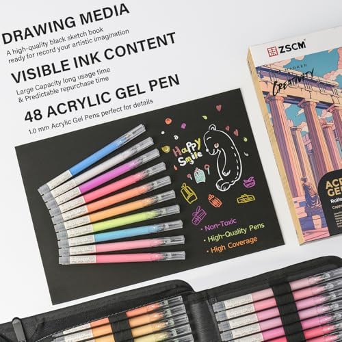 ZSCM 48 Colors 3D Acrylic Gel Pens & Black Paper Sketchbook for Drawing