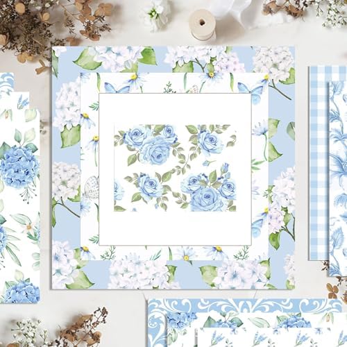 Blue Hydrangea Scrapbook Paper Floral Patterned Paper,11.8 Inch Double-sided DIY Decopodge Junk Journaling Papers Decorative Craft Papers, Journal Scrapbooking Supplies, Card Making Supplies
