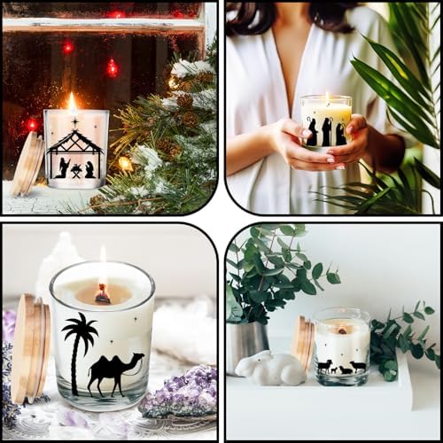 Ziliny 10 Pcs Christmas Glass Candle Jars Empty Containers Bulk 7 oz Glass Jars with Cork Lids Tins for Candle Making Storing Biscuits Tea Party Favors(Nativity)