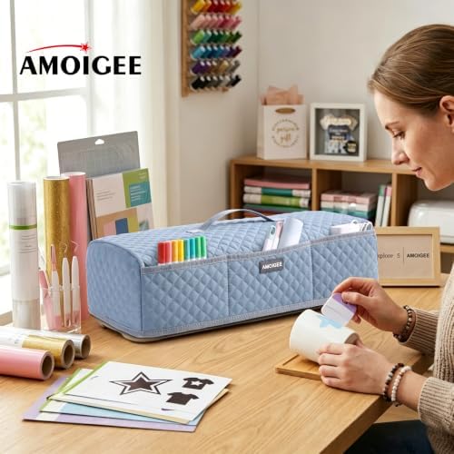 AMOIGEE Dust Cover for Latest Cutting Machine Cricutt Explore 5, Quilted Protective Cover with Storage Pockets for Cutting Machine, Floral Fabric Anti-Dust Cover for Craft Machine Organizer