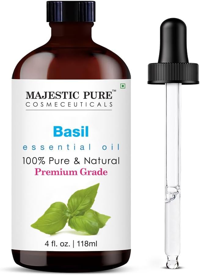 Majestic Pure Basil Essential Oil for Diffuser - 4 Fl Oz | 100% Natural Essentials Oils for home fragrance, diffuser use, massage, DIY candles, DIY soaps, Aromatherapy