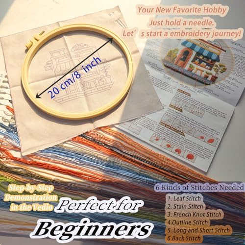 FONNUY Coffee Shop Embroidery Kit, Vintage Cafe Pre-Stamped Pattern Kits Handmade DIY Embroidery Set Suitable for Both Adults and Beginners Color Thread Needlework, 8'' Hoop (Blue)