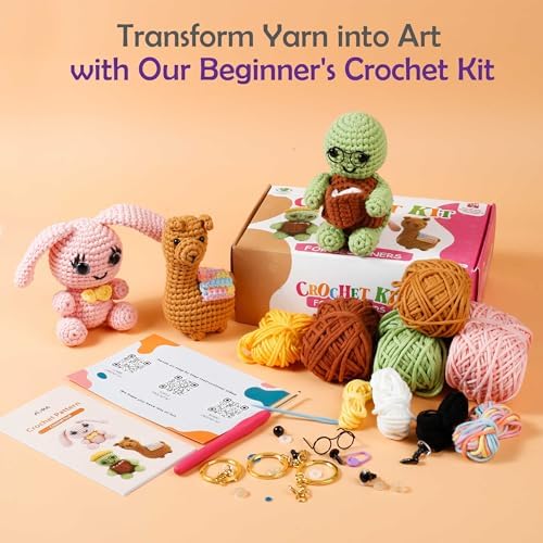 A-URA 3-in-1 Learn to Crochet Kit for Beginners Kids and Adults, Premium Pattern Sunflower, Panda Cactus, Hanging Pot Plant Beginner Crochet Kits with Easy Tube Yarn (3, Animal Pattern)