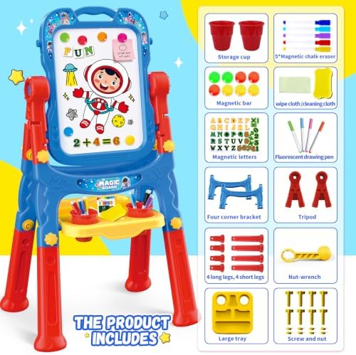 2-in-1 LED Drawing Board, Art Easel for Kids – Adjustable Double-Sided Rotatable Art Easel with Painting Accessories, Preschool Learning Toy for Boys Aged 3-5, Perfect Christmas, Birthday Gift (Blue)