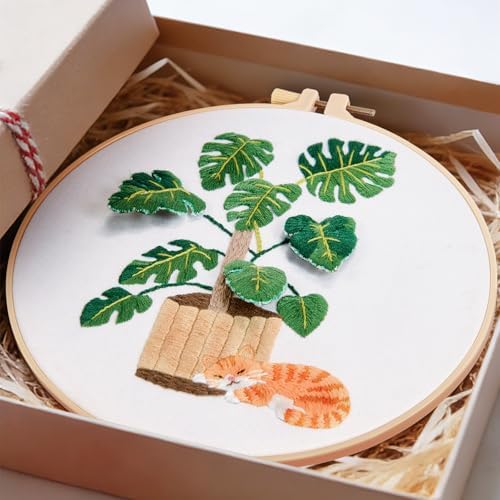 Monstera Embroidery Kits for Beginners Adults, Cat Hand Embroidery Kits, Potted Plant Cross Stitch Kits for Beginners DIY Craft Kits for Adult Women, Entire Set of Embroidery Supplies & Video Tutorial