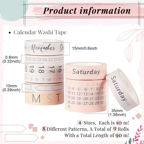 Chuangdi 9 Rolls Calendar Washi Tape Set,Light Brown, Beige, Pink | Vintage Day Week Month Date Number Calendar Washi for Journaling, Planner Decoration, Journal Labels, Arts Crafts