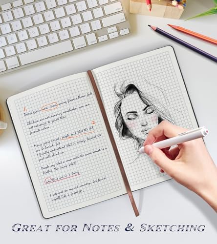 Biuwory A5 Hardcover Graph Paper Notebook, Grid Leather Journal for Writing | 140 Quad Ruled Grid Pages Vintage Diary, 5.7"×8.3" Travel Notebook for Work, School, Women & Men