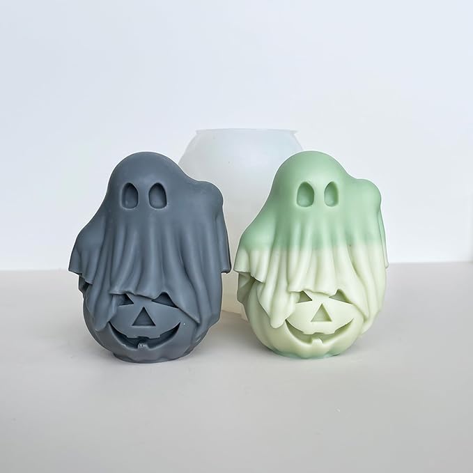 Halloween Molds, Little Ghost Stepping on Pumpkin Candle Molds | 3D Halloween Pumpkin Silicone Mold for Candle Making, Epoxy Resin Casting, Handmade Soap, DIY Crafting Gift Home Decor