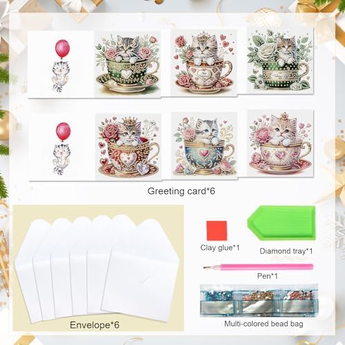 antor 6 Pack DIY Cat in Teacup Diamond Painting Greeting Cards with Envelopes – Cute Animal Rhinestone Art Craft Kit, Handmade Crystal Card Set, Diamond Art Kits for Adults