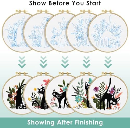 ERKOON 5 Sets Embroidery Kit for Beginners Adult Cat Cross Stitch