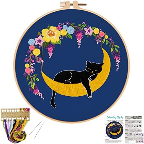 Louise Maelys Cat Moon Embroidery Kit for Beginners Floral Design