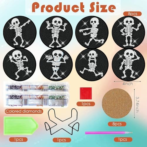 ijbnhd 8 PCS Skull Diamond Art Coasters 4X4inch (Cork Wooden Pad)