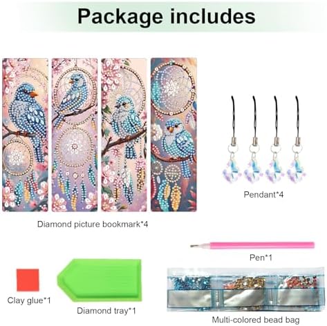 4 Pcs DIY 5D Diamond Painting Bookmark Kits for Adults, Acrylic Crystal Rhinestones Book Marks, Dreamcatcher Bluebird Diamond Art Bookmarks with Crystal Pendant, Handmade Tassel Bookmarks Gift Set
