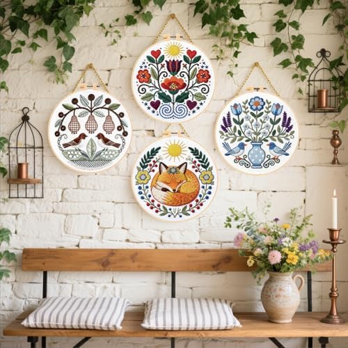 FREEBLOSS 4 Pack Embroidery Kit for Beginners Folk Art Stamped Embroidery Starter Kit with Instruction Cross Stitch Needlepoint Kits for Crafts Adults with 2 Hoops 20cm/7.9inch