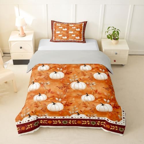 Erosebridal Fall Thanksgiving Duvet Cover Toddler Size Pumpkin Maple Leaves Bedding Set for Kids Boys Girls Warm Harvest Comforter Cover Fall Bedclothes Room Decor