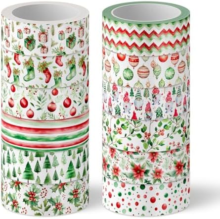 Whaline 12 Rolls Christmas Washi Tape Watercolor Xmas Tree Poinsettia Flower Holly Berry Decorative Masking Tape for Scrapbook Journal DIY Art Craft Gift Wrapping