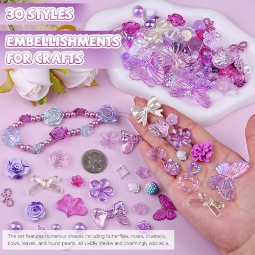 350 Pieces 3D Resin ABS Colorful Rose Flower Bows Butterfly Charms with Flatback Half Round Pearl Beads for Bracelet Earring Necklace Craft DIY Making Supplies