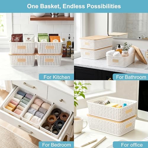 Bagnizer 4 Pack Plastic Storage Bins with Bamboo Lids, 6.2qt Stackable Storage Organizer Box with Lable for Pantry Shelves Drawers Desktop Office, 12"L x 8.3"W x 3.5"H, Cream White