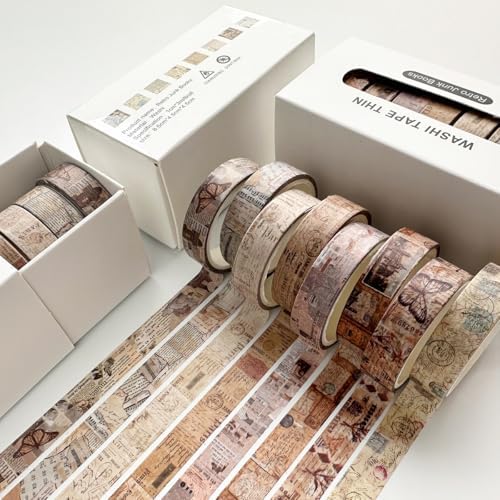 Vintage Washi Tape Set 8 Rolls Thin Retro Decorative Antique Patterns Masking Tapes for Arts, DIY Crafts, Journals, Planners, Scrapbook, Wrapping (Junk Books)