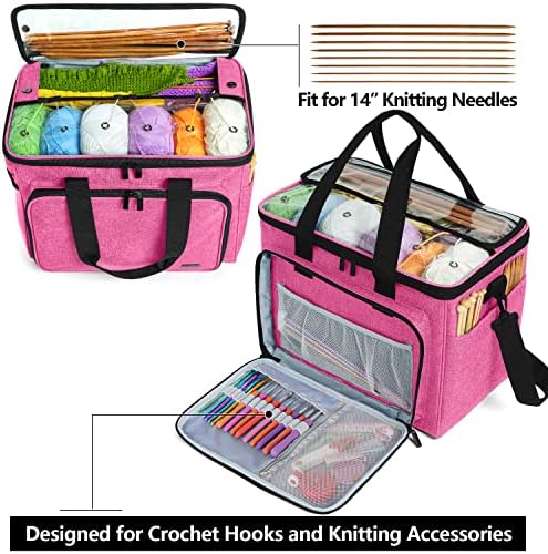 Teamoy Knitting Bag, Yarn Storage Organizer Crochet Bag Tote, Pink
