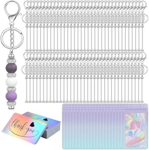 42/84/126 Pcs Beadable Keychain Bars Bulk Blank DIY Beaded Keychain Making Supplies with Bag Thank You Card