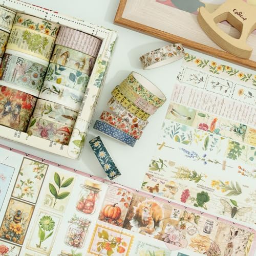 Vintage Washi Tape Set - 24 Rolls Arts Adhesive Tapes Assorted Retro Decorative Masking Tape Sets for Craft, Kids, Scrapbook, DIY, Gift Wrapping (5-Botanical Garden)