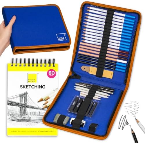 COLOUR BLOCK Drawing Travel Art Set 37 PCS, Pencils & Kits-Art Supplies for Kids, Teens, Adults-Colored Pencils, Charcoal, Pastels, Sketch Books for Artists, Anime Drawing, Architecture