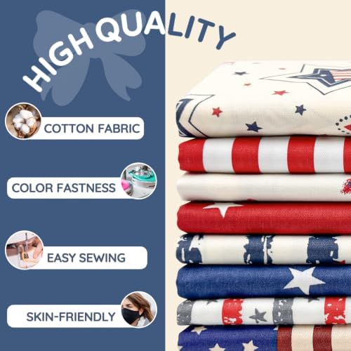 Aubliss 8pcs Fat Quarter Fabric Bundles (100% Cotton - 20'' x 20'') Quilting Cotton Craft Fabric Pre-Cut Squares Sheets for Patchwork Sewing Quilting Crafting (Patriotic)