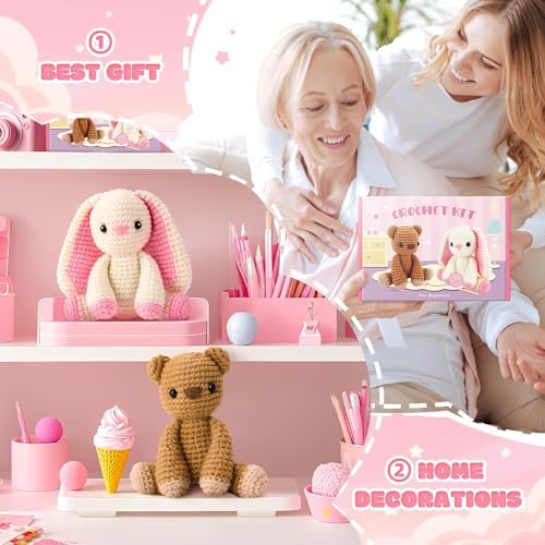 Bunny and Bear Crochet Kit for Beginners 2PCS Crochet Starter Kit for Adult