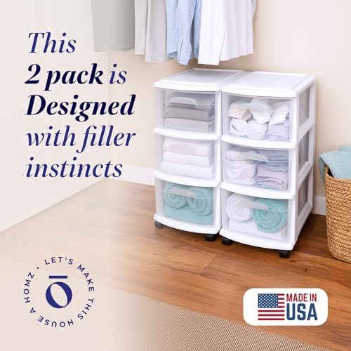 HOMZ Drawer Tower 3-Tier Storage Cart, Removable Wheels, White Frame,2 Pack