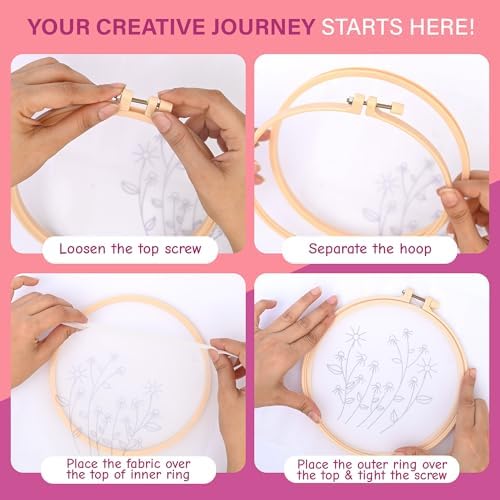 Clear Background Embroidery Kit for Beginners – DIY Hand Embroidery Kit with 3 Hoops, Stamped Patterns, Needles, Thread, Scissors – Minimalist Embroidery Set for Adults, Teens, Women, Craft Lovers