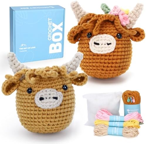 CrochetBox Crochet Kit for Beginner, 2 PCS Highland Cow Easy Learn How to Crochet Stuffed Animals Gift for Adults and Teen(), Knitting Set with Yarn Hook Stitch-by-Stitch Video Tutorial
