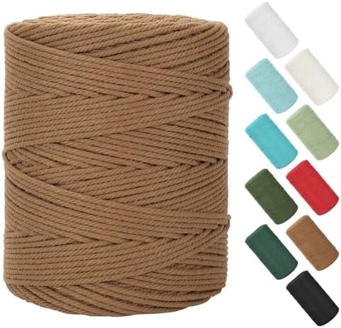 Macrame Cord 4mm x 380Yards (1140Feet), Natural Cotton Macrame Rope - 4 Strands Twisted Macrame Cotton Cord for Wall Hanging, Plant Hangers, Crafts, Gift Wrapping and Wedding Decorations, Caramel
