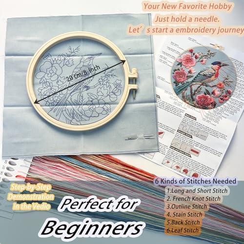 FONNUY Embroidery Kit for Beginners, Hummingbird Flowers Pre-Stamped Pattern Kits for Adults with Hoop, Easy to Follow Color Thread Needlework, 8''Hoop (Blue)