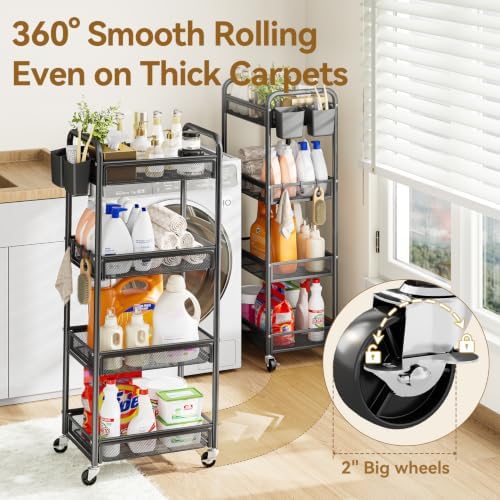 YASONIC 4 Tier Rolling Cart – Rolling Storage Cart with Wheels | Multi-Functional Utility Cart Storage Cart for Living Room, Kitchen, Office, Bathroom, Movable Storage Organizer with Wheels