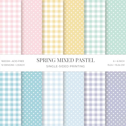 24 Sheets Pink Spring Pastel Essential Patterns Scrapbook Paper Pad - 6x6 inch 160GSM Heavyweight Cardstock, Single-Sided Polka Dot, Gingham Designs for Card Making, DIY Crafts, DIY Album, Journaling
