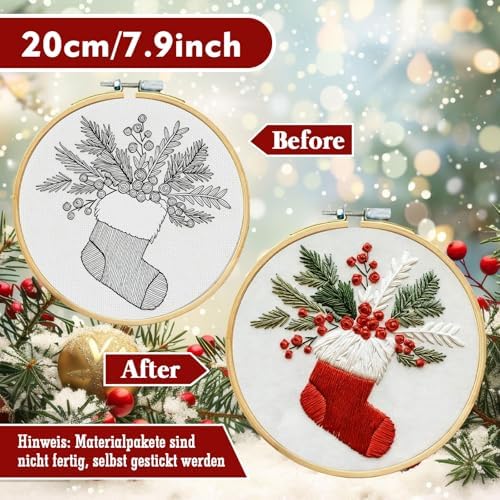 RUIQLXHANG Christmas Embroidery Kit, Christmas Gnomes Embroidery Kits for Beginners with Pattern, Cotton Threads, Needles, Instruction, 20cm Hoop, Gift for Mom, Grandma (Stocking Stuffer)