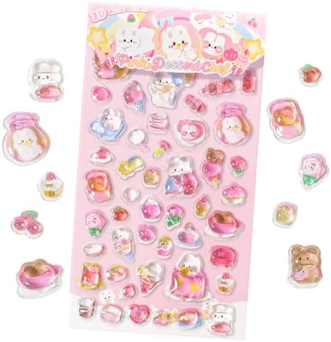 Cute 3D Relief Epoxy Stickers, Pink Dessert Chef Theme Glitter Stickers, Kawaii Bunny Bear Puffy Stickers for Scrapbooking, Journal, Water Bottle, Phone Case, DIY Crafts, Gifts