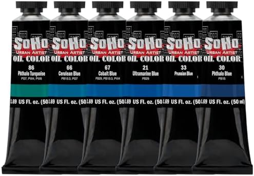 Soho Urban Artist Oil Paint Blues Set of 6-50 mL Tubes, Triple-Milled Oils with Refined Linseed - Smooth Application, True Color Mixes, Ideal for Brushes & Palette Knives